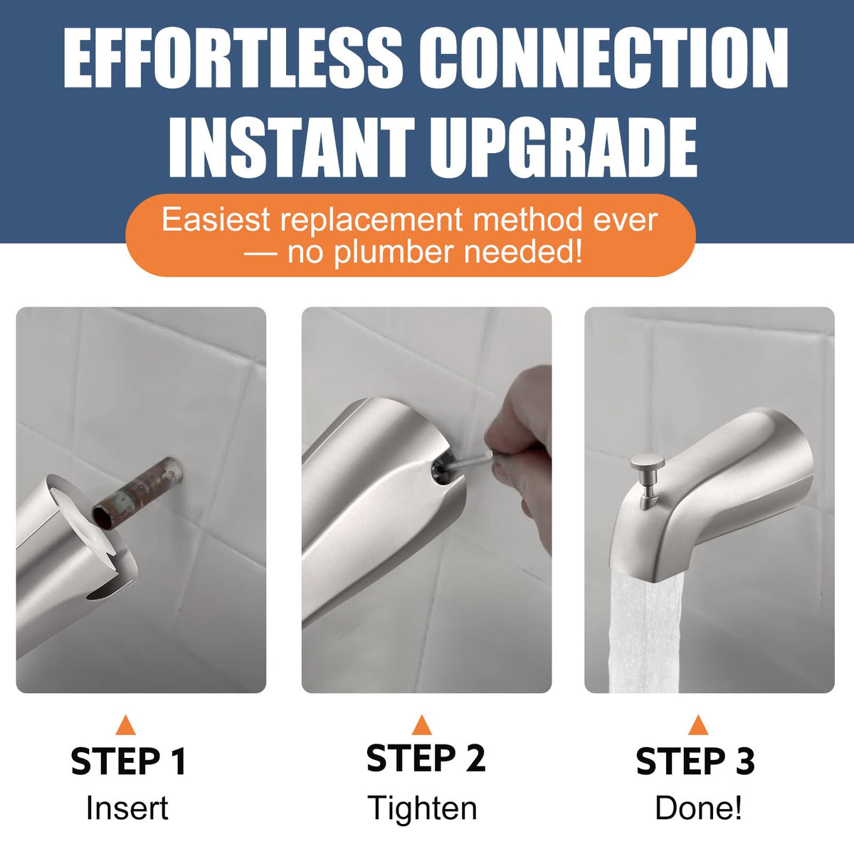 TEVIORA Tub Spout with Pull-Down Diverter – Slip-Fit 1/2-Inch Copper, Brushed Nickel