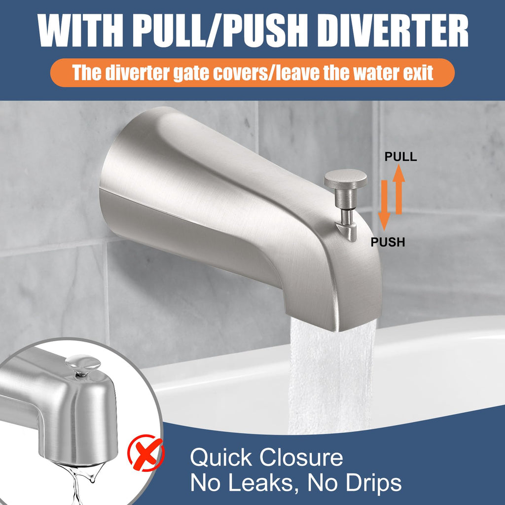 TEVIORA Tub Spout with Pull-Down Diverter – Slip-Fit 1/2-Inch Copper, Brushed Nickel