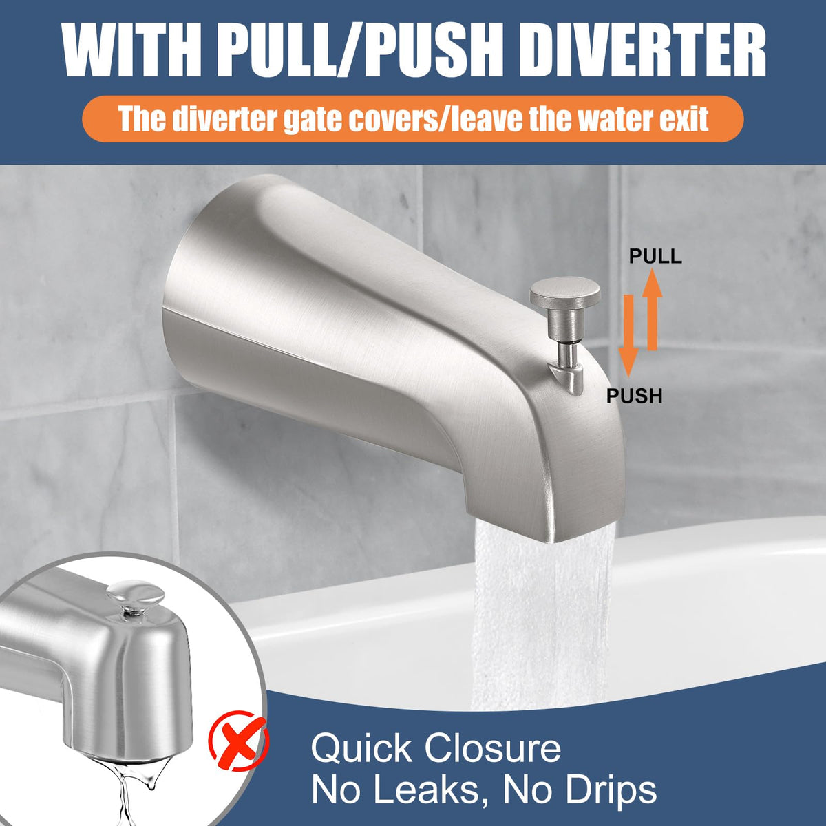 TEVIORA Tub Spout with Pull-Down Diverter – Slip-Fit 1/2-Inch Copper, Brushed Nickel