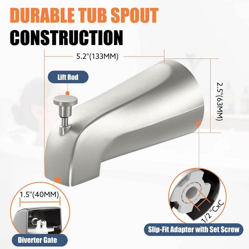 TEVIORA Tub Spout with Pull-Down Diverter – Slip-Fit 1/2-Inch Copper, Brushed Nickel