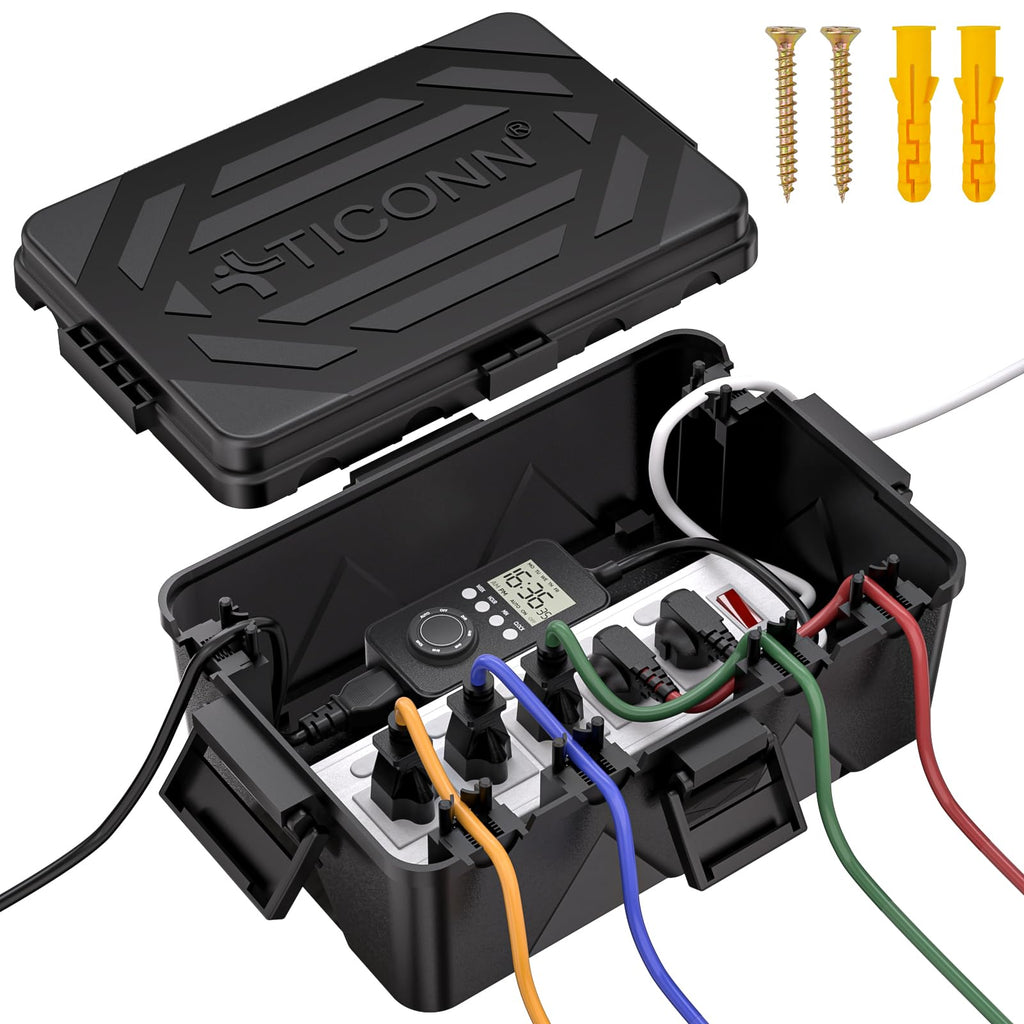 TICONN Outdoor Electrical Box IP54 Splash-Proof – Large Black Weatherproof Cover