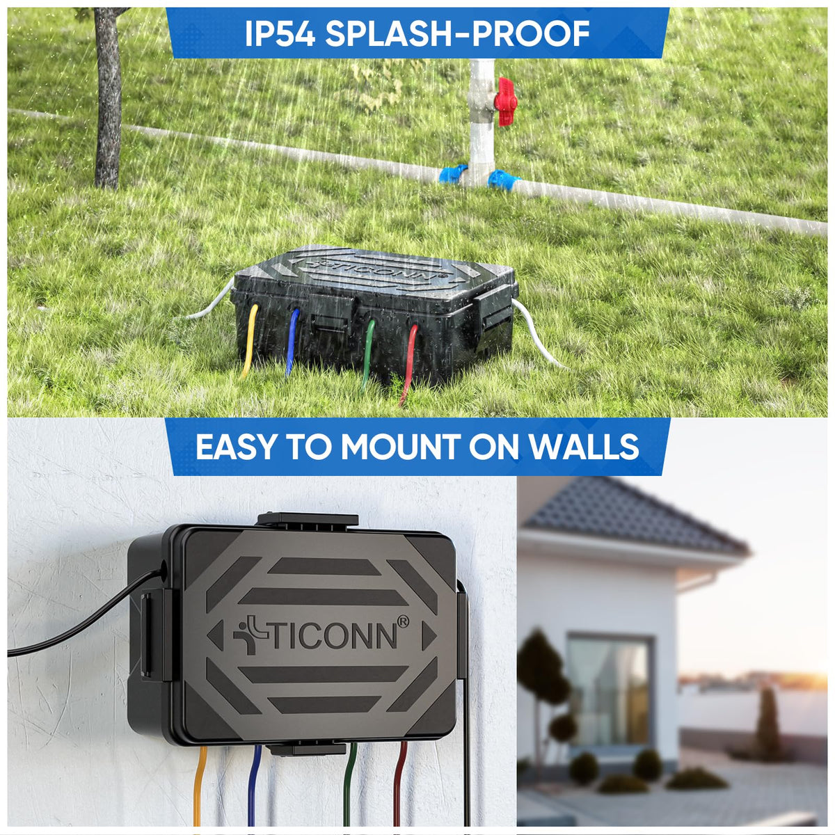 TICONN Outdoor Electrical Box IP54 Splash-Proof – Large Black Weatherproof Cover