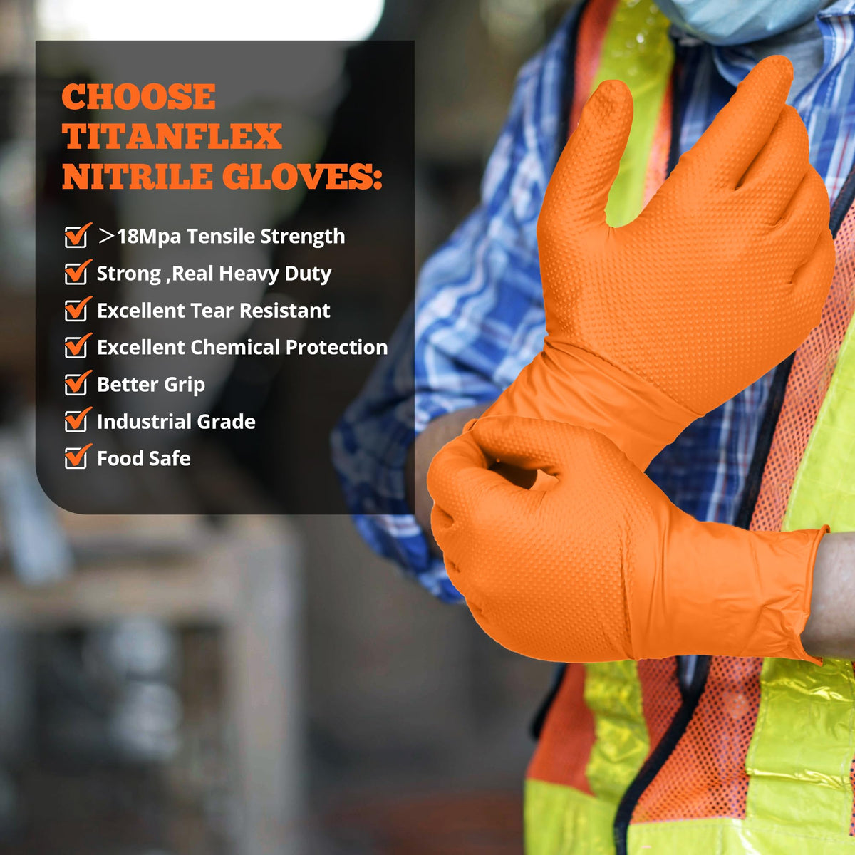 TitanFlex Heavy Duty Orange Nitrile Gloves – 6 Mil, Raised Diamond Texture, Latex-Free, Powder-Free