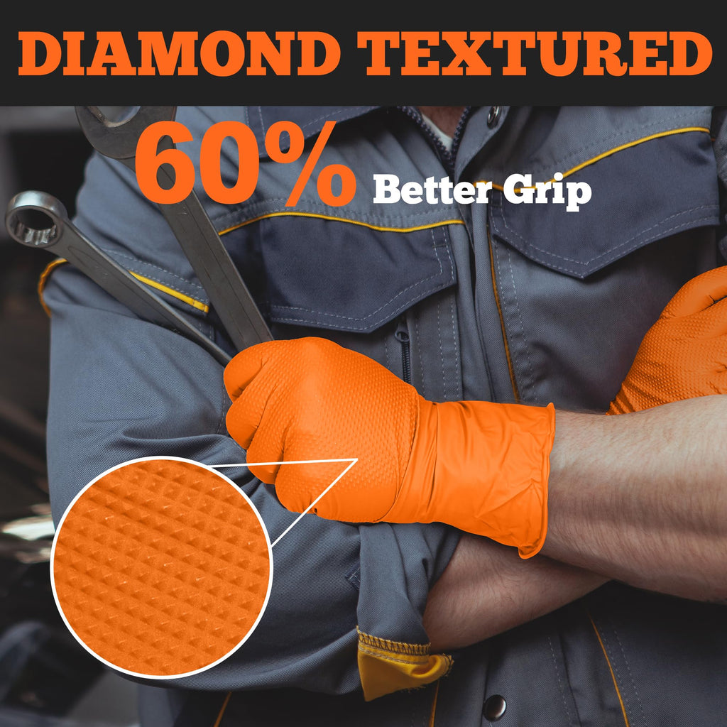 TitanFlex Heavy Duty Orange Nitrile Gloves – 6 Mil, Raised Diamond Texture, Latex-Free, Powder-Free