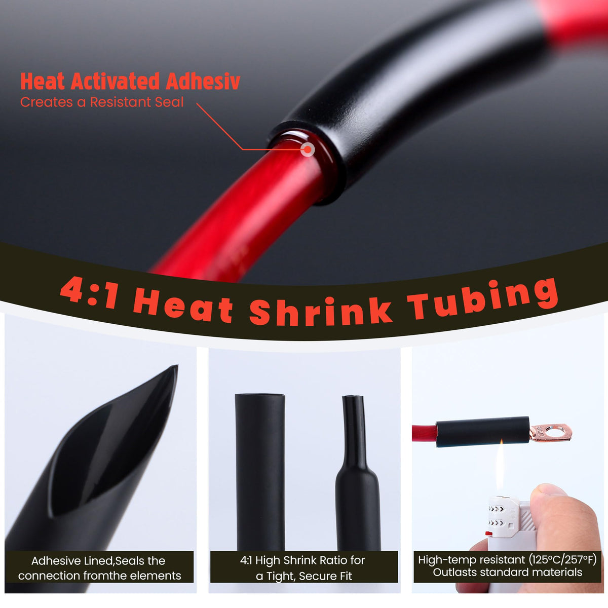 TKDMR Battery Cable Ends Kit — 264 Pcs, 132 AWG Lugs & 4:1 Heat Shrink Tubing