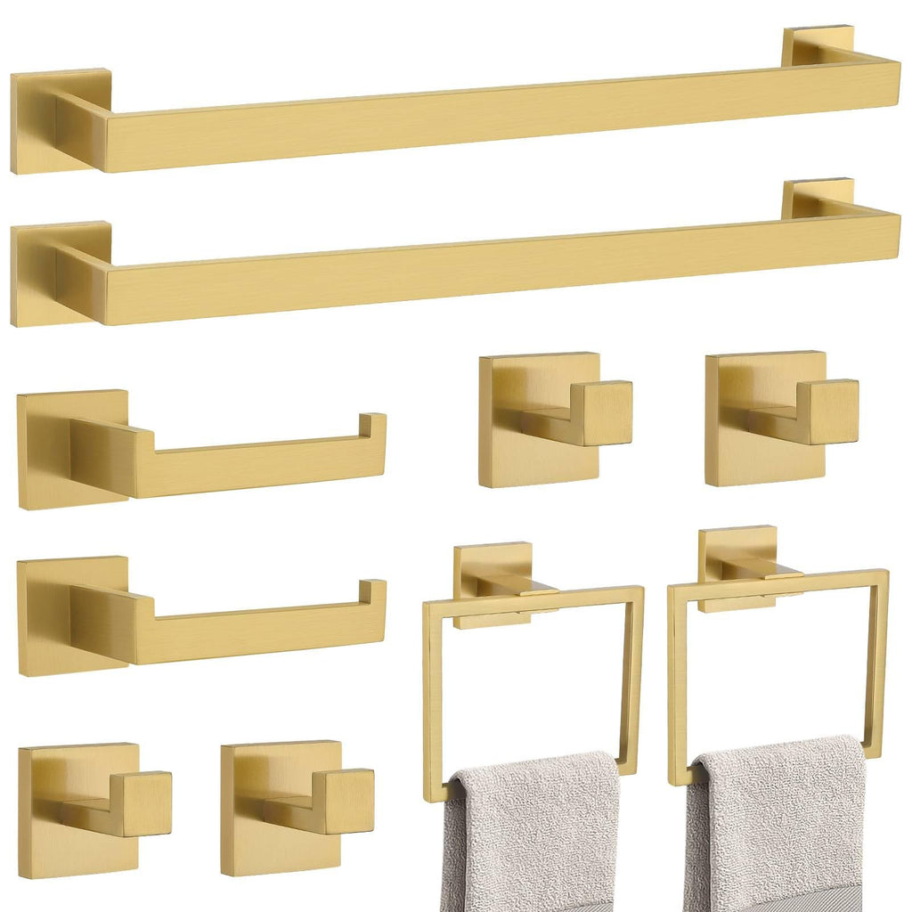 TNOMS 10-Piece Brushed Gold Bathroom Hardware Set – SUS304 Stainless Steel, 23.6-Inch Wall Mounted