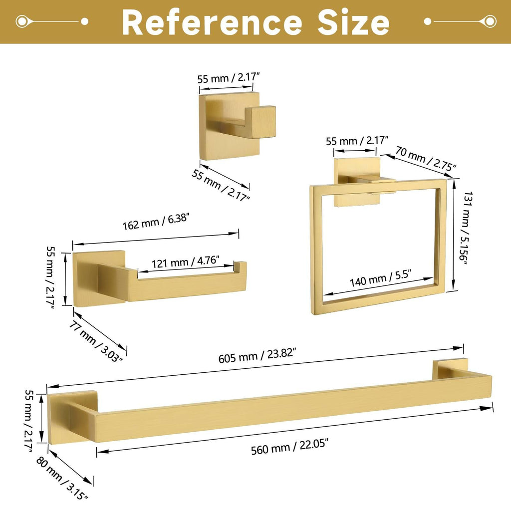 TNOMS 10-Piece Brushed Gold Bathroom Hardware Set – SUS304 Stainless Steel, 23.6-Inch Wall Mounted