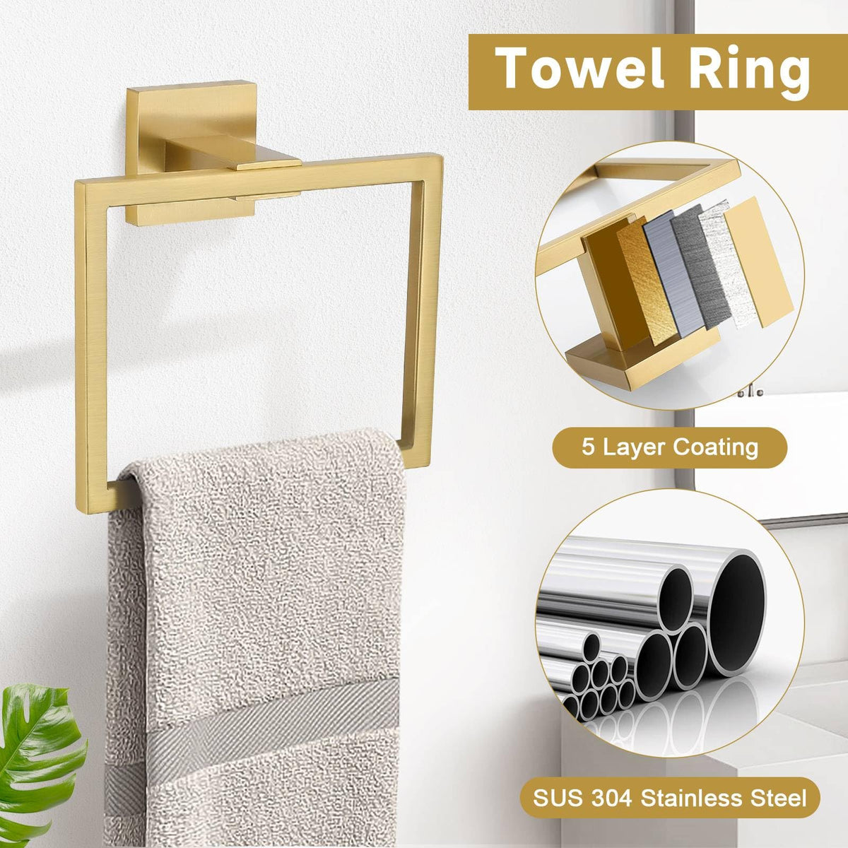 TNOMS 10-Piece Brushed Gold Bathroom Hardware Set – SUS304 Stainless Steel, 23.6-Inch Wall Mounted