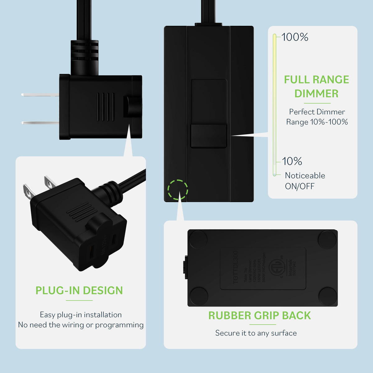 TOPGREENER Table-Top Plug-In Dimmer – Slide Control, 360W Incandescent / 150W LED, 6ft Cord, 2-Pack