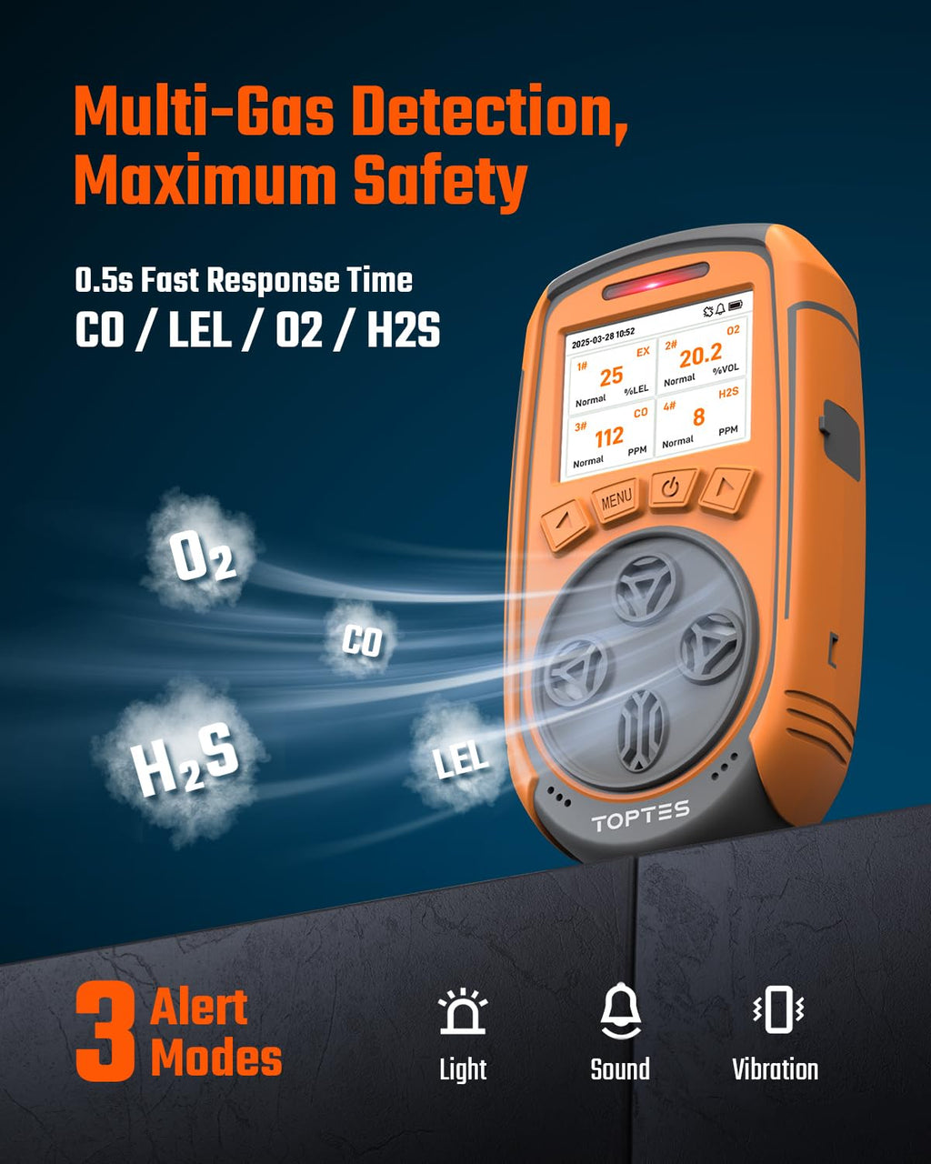 TopTes Guard-863Pro 4-Gas Monitor with TFT Screen, 5-Year O₂ Sensor, USB Data Export
