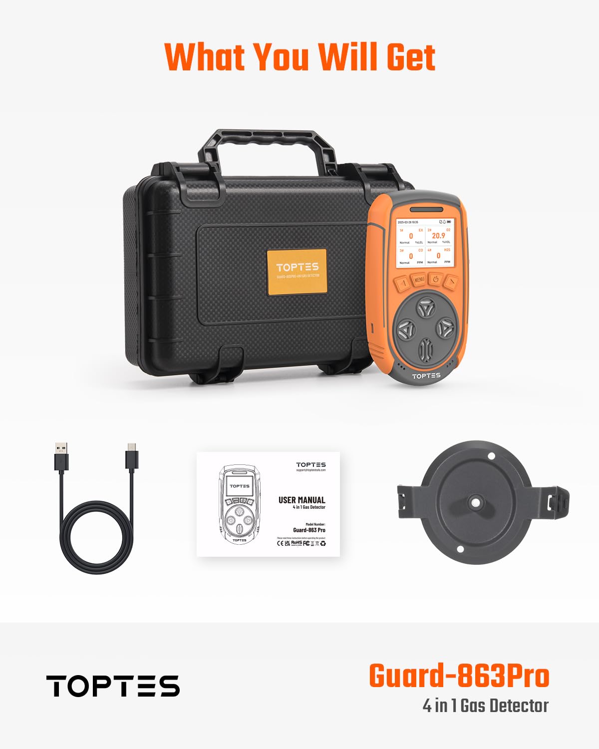 TopTes Guard-863Pro 4-Gas Monitor with TFT Screen, 5-Year O₂ Sensor, USB Data Export
