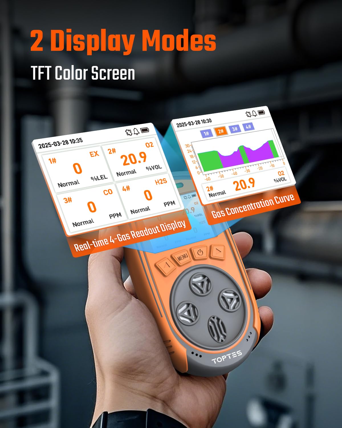 TopTes Guard-863Pro 4-Gas Monitor with TFT Screen, 5-Year O₂ Sensor, USB Data Export