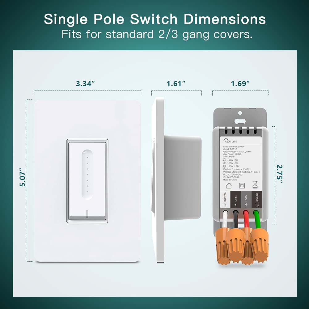 TREATLIFE Smart Dimmer Switch – Single-Pole, 2.4GHz WiFi, Works with Alexa & Google Home