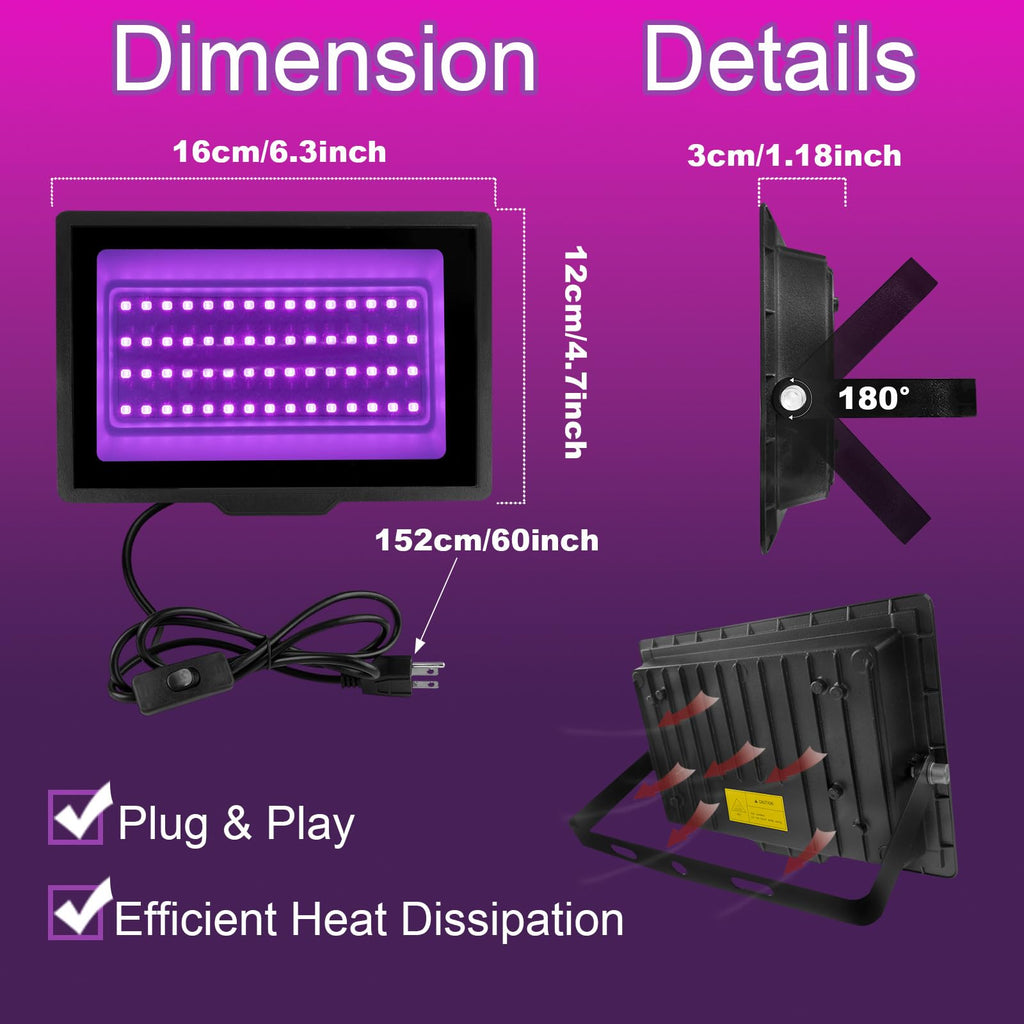 uwiner 2 Pack 40W LED Black Light IP66 Waterproof Flood Light with Plug & Switch – Outdoor Glow Party & Halloween Decor