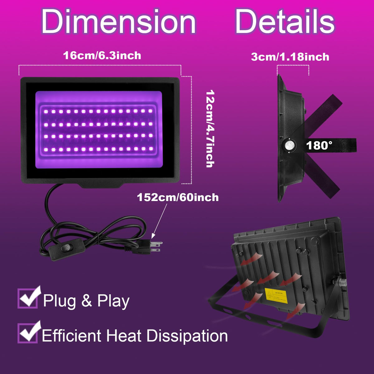 uwiner 2 Pack 40W LED Black Light IP66 Waterproof Flood Light with Plug & Switch – Outdoor Glow Party & Halloween Decor