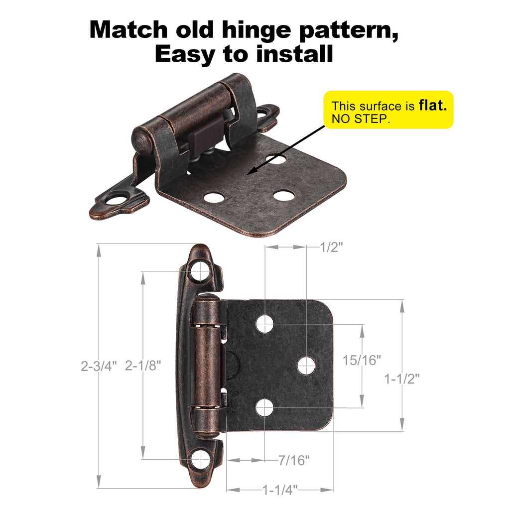 Vallecloud 10 Pack Antique Copper Self-Closing Cabinet Hinges – 1/2-inch Overlay, Face Frame, Semi-Concealed (5 Pairs)