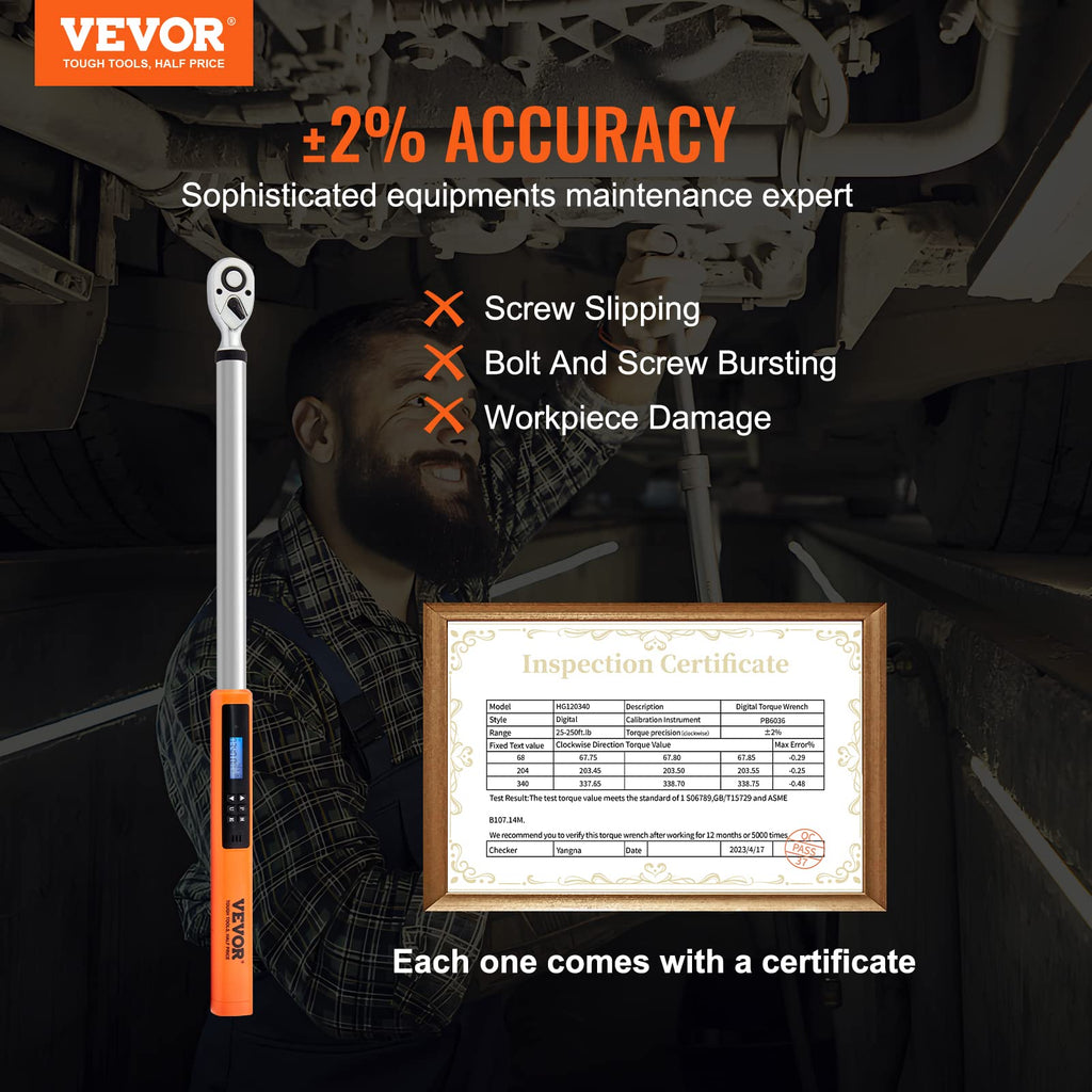 VEVOR Digital Torque Wrench 1/2 Inch Drive – 25-250 ft-lb / 34-340 N·m | ±2% Accuracy | 3-Mode with LED Beep