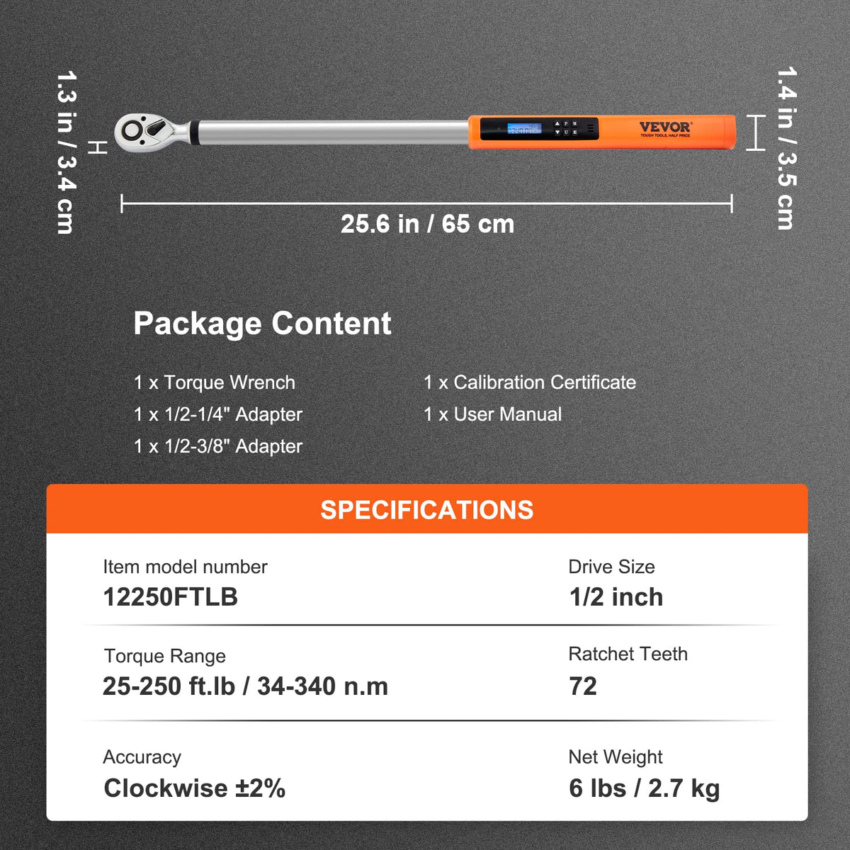 VEVOR Digital Torque Wrench 1/2 Inch Drive – 25-250 ft-lb / 34-340 N·m | ±2% Accuracy | 3-Mode with LED Beep