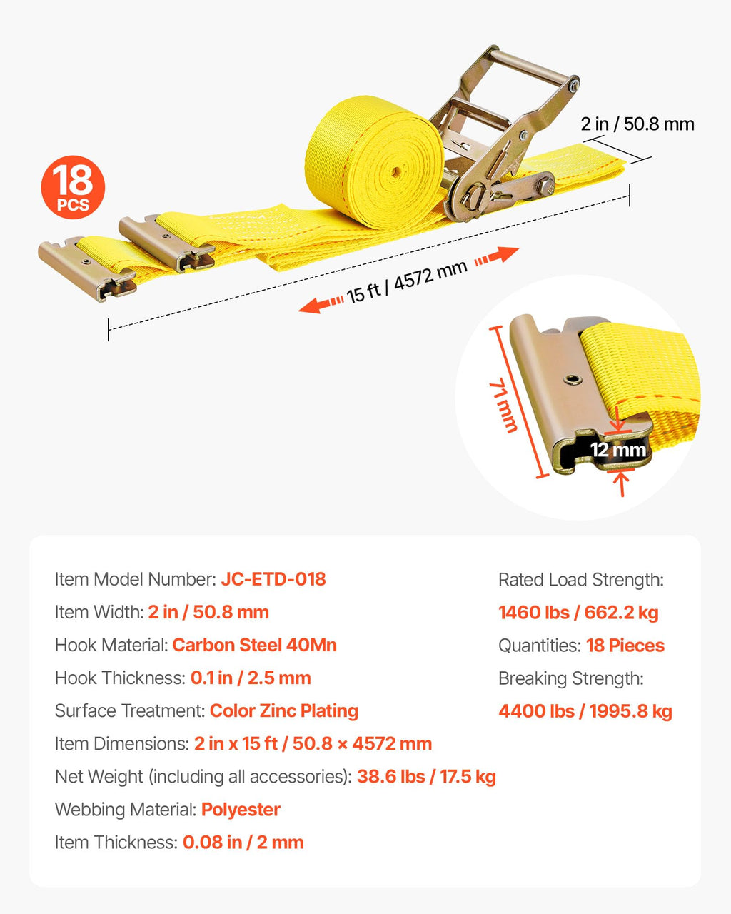 VEVOR 18-Piece E-Track Ratchet Strap Set - 2in x 15ft, 4400 lbs BS, Yellow