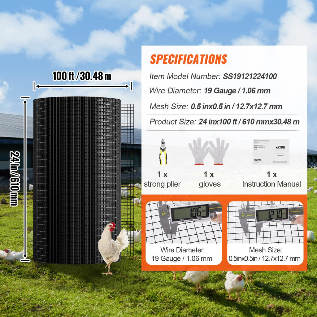 VEVOR Hardware Cloth 24'' x 100' – 1/2 in Galvanized Wire Mesh Roll, 19 Gauge for Chicken Coops