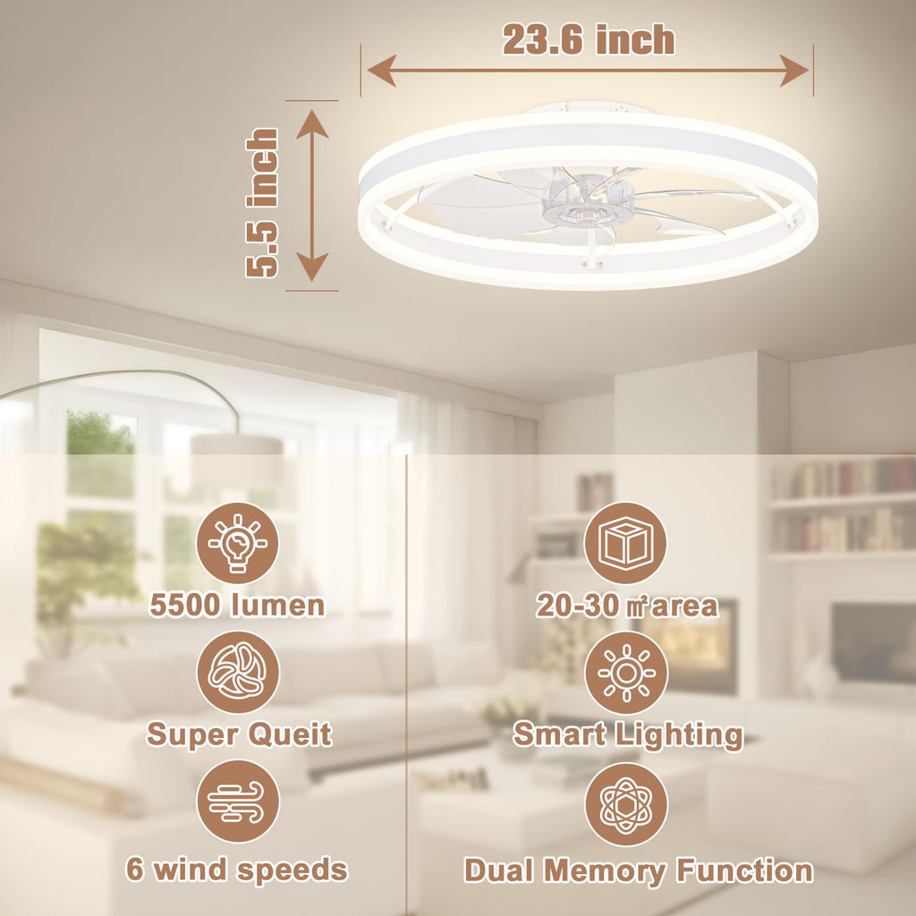 VOLISUN Low Profile Ceiling Fan with Lights and Remote – 23.6in Flush Mount, Dimmable LED 3000K-6500K