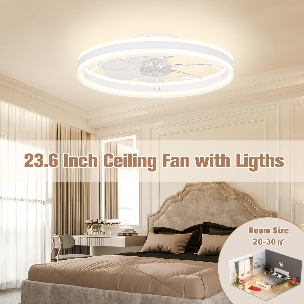 VOLISUN Low Profile Ceiling Fan with Lights and Remote – 23.6in Flush Mount, Dimmable LED 3000K-6500K