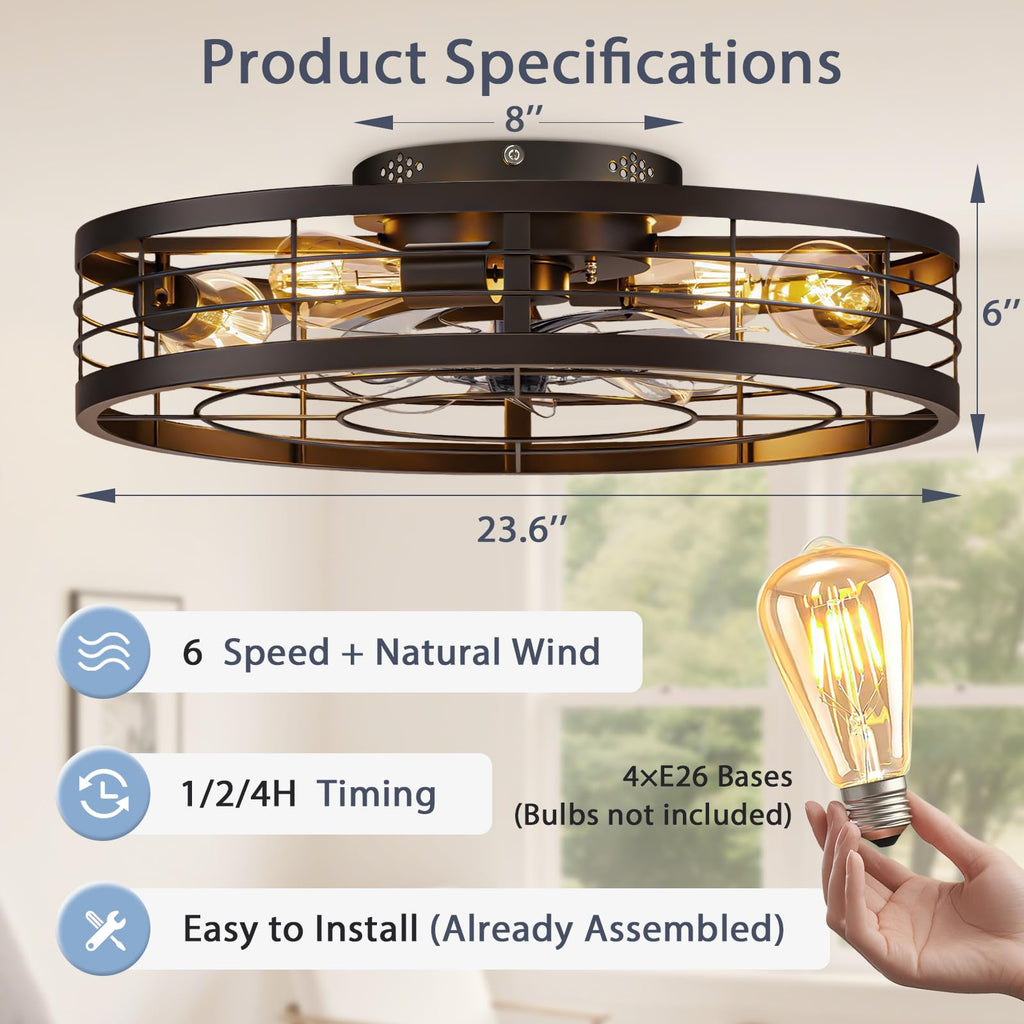 VOLISUN Caged Ceiling Fan with Light and Remote – 23.6-Inch Fandelier