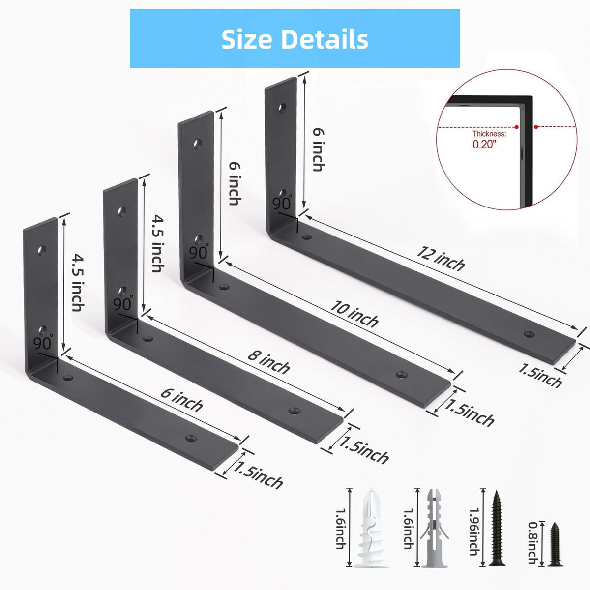WEKIS 6-Pack Heavy-Duty 10-Inch L Shelf Brackets, Black, 0.2-Inch Thick