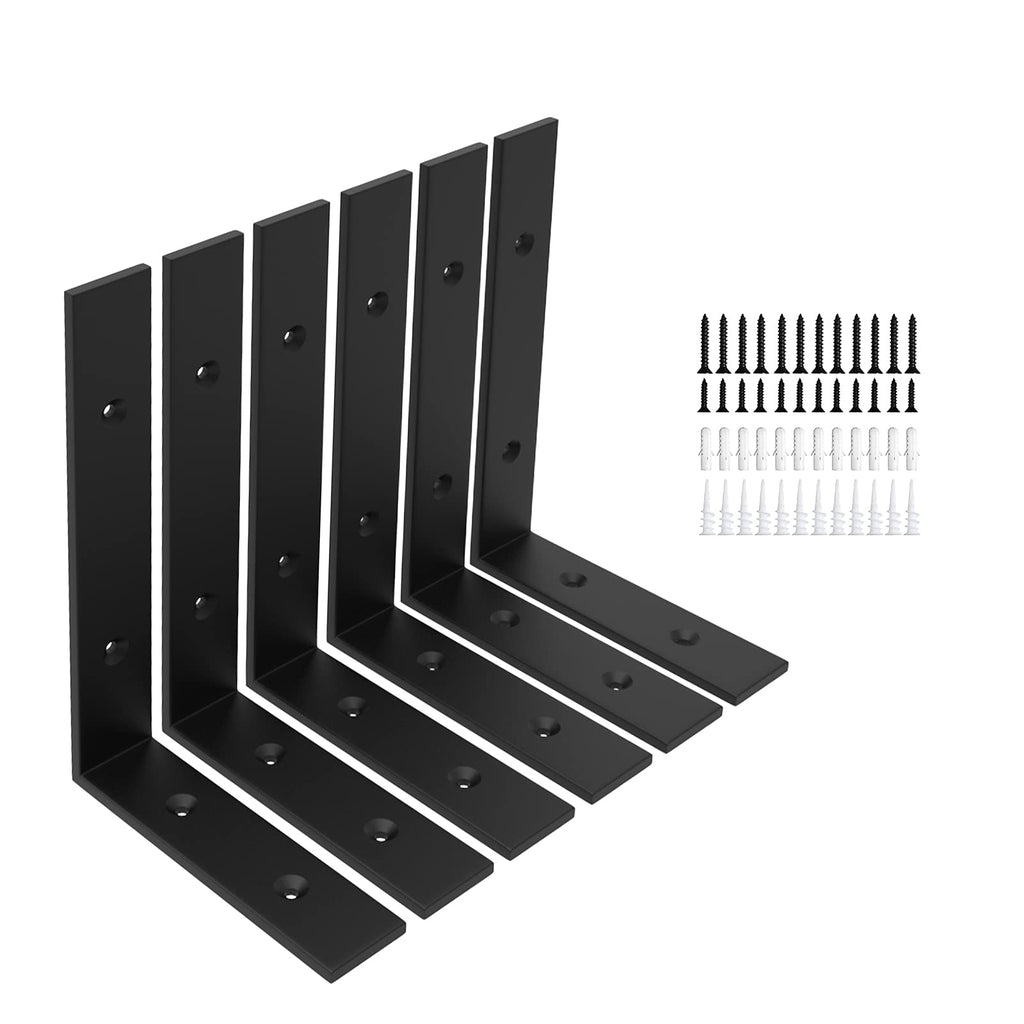 WEKIS 6-Pack Heavy-Duty 10-Inch L Shelf Brackets, Black, 0.2-Inch Thick
