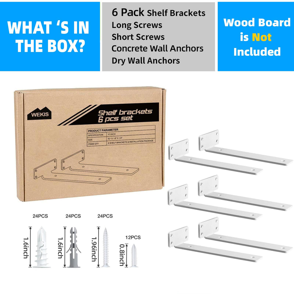 WEKIS Shelf Brackets 10-Inch Heavy Duty Floating Brackets – 6 Pack, Matte White, 160 lb Load Capacity