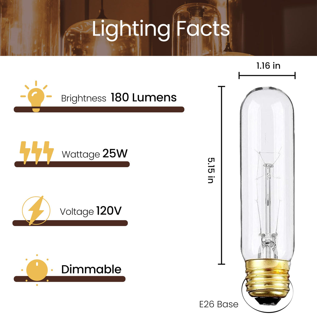Weyolin Edison Light Bulbs - 25W 120V E26 T10 Tubular, Clear, Warm White, Dimmable - 6-Pack