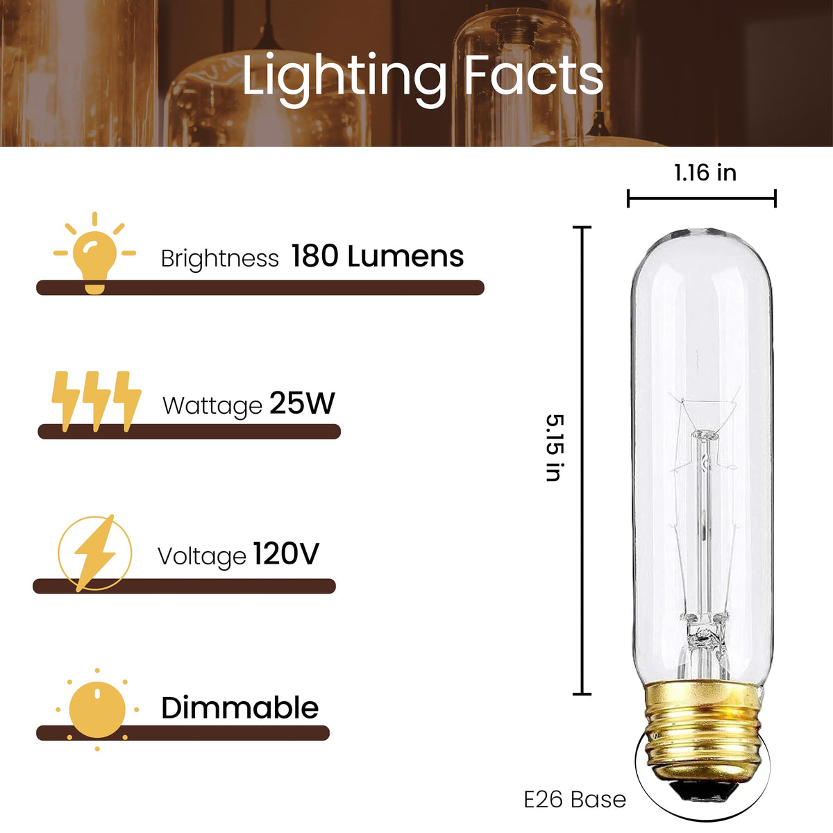 Weyolin Edison Light Bulbs - 25W 120V E26 T10 Tubular, Clear, Warm White, Dimmable - 6-Pack