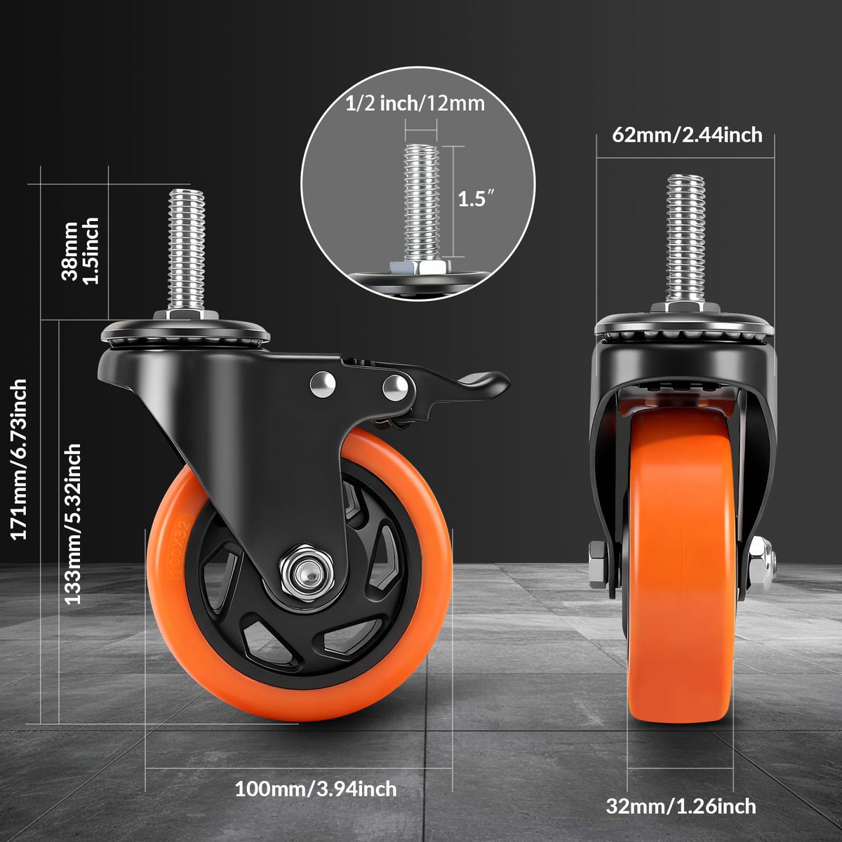 WHARSTM 4-Inch Caster Wheels Set of 4 – Locking Swivel Casters with 1/2-16 x 1.5in Screws
