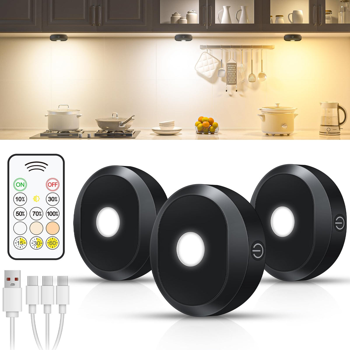 WILLED Puck Lights with Remote – 3-Color Temperatures, 3-Pack, Rechargeable Under-Cabinet LEDs