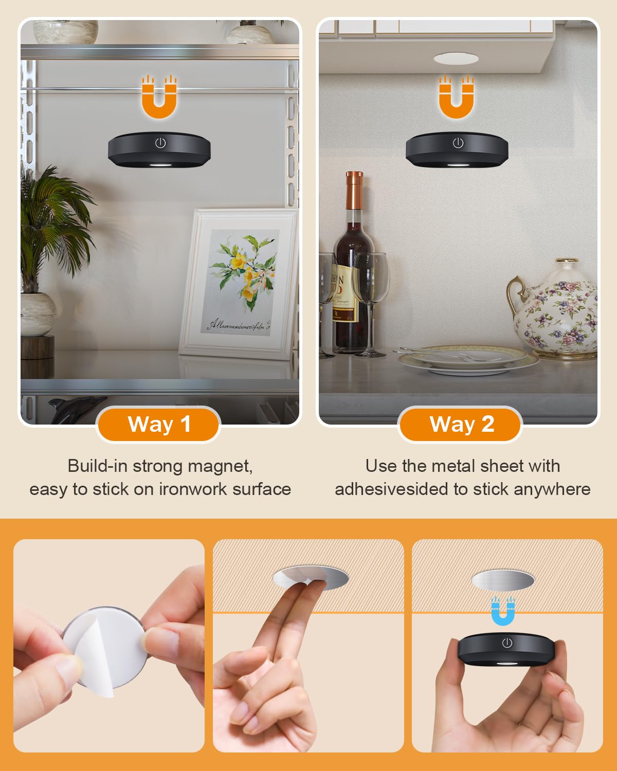 WILLED Puck Lights with Remote – 3-Color Temperatures, 3-Pack, Rechargeable Under-Cabinet LEDs
