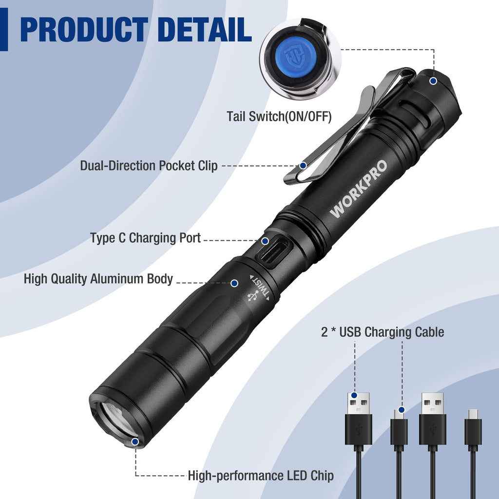 WORKPRO Rechargeable Pen Light Duo Pack – Ultra-Compact 300 Lumen LED Flashlight with USB-C, Clip & Memory
