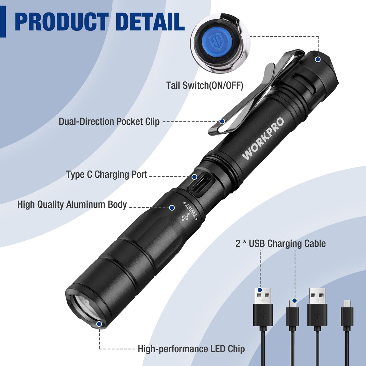 WORKPRO Rechargeable Pen Light Duo Pack – Ultra-Compact 300 Lumen LED Flashlight with USB-C, Clip & Memory