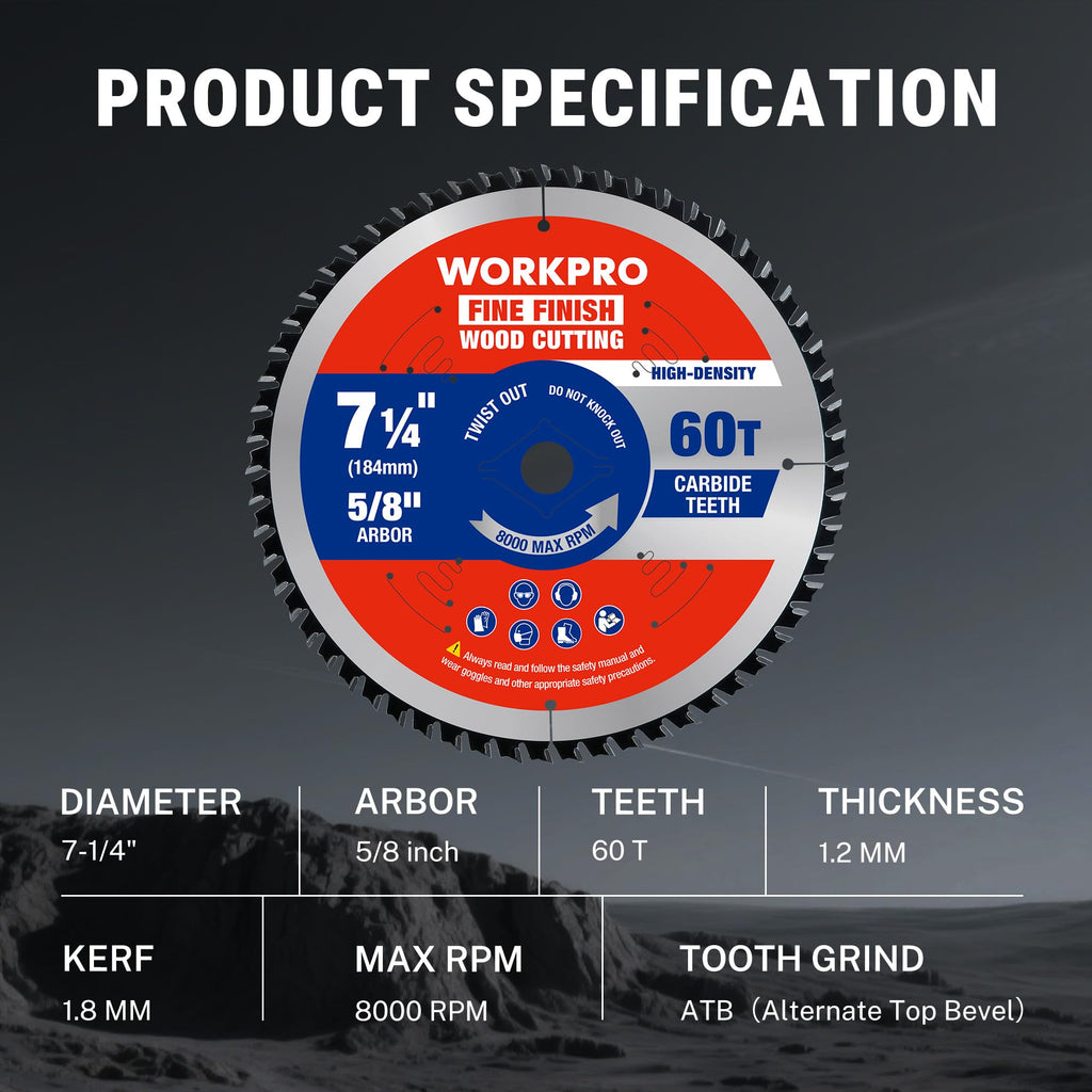 WORKPRO 7.25 Inch 60T Fine Finish Plywood Cutting Blade – Thin Kerf, Carbide Tipped, ATB Tooth