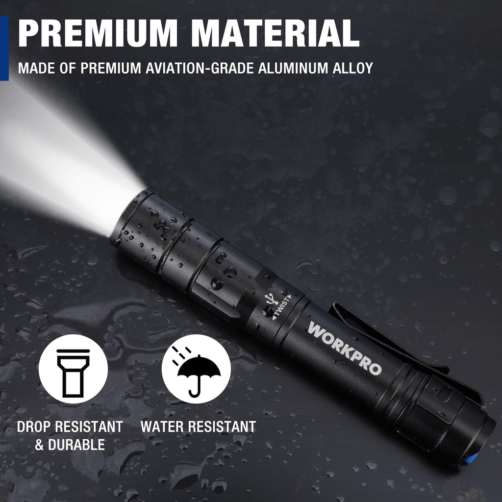 WORKPRO Rechargeable Pen Light Duo Pack – Ultra-Compact 300 Lumen LED Flashlight with USB-C, Clip & Memory