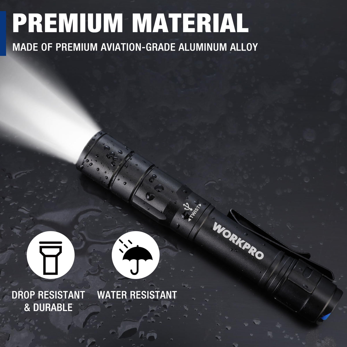 WORKPRO Rechargeable Pen Light Duo Pack – Ultra-Compact 300 Lumen LED Flashlight with USB-C, Clip & Memory