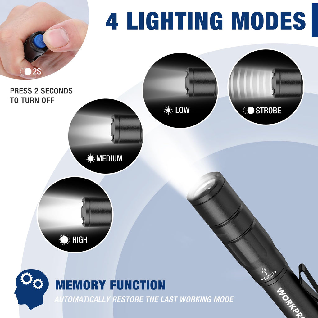 WORKPRO Rechargeable Pen Light Duo Pack – Ultra-Compact 300 Lumen LED Flashlight with USB-C, Clip & Memory