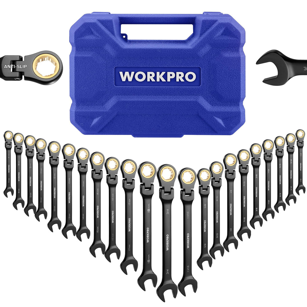 WORKPRO 22-Piece Ratcheting Wrench Set with 180° Pivot Head & Anti-Slip Teeth