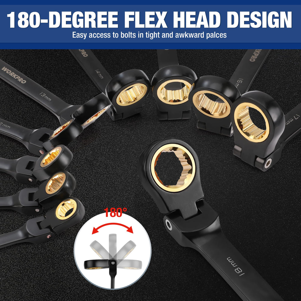 WORKPRO 22-Piece Ratcheting Wrench Set with 180° Pivot Head & Anti-Slip Teeth