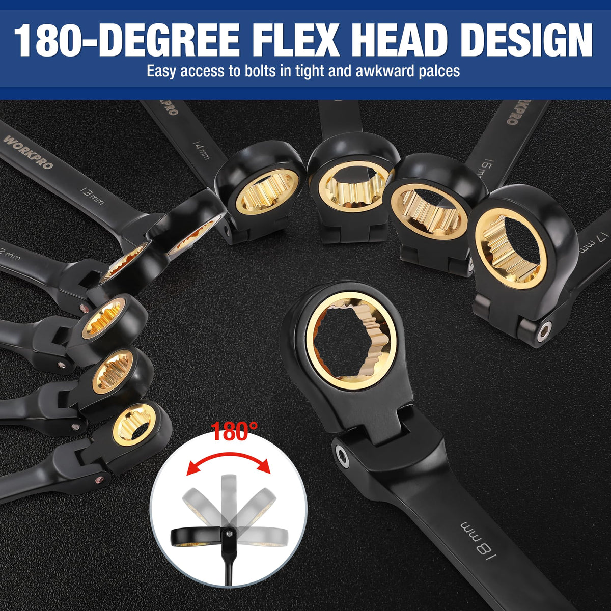 WORKPRO 22-Piece Ratcheting Wrench Set with 180° Pivot Head & Anti-Slip Teeth