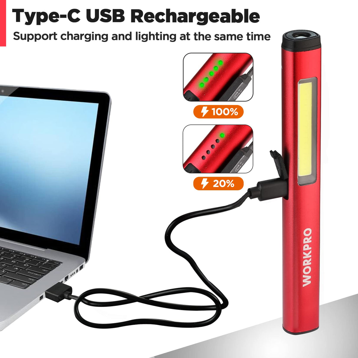WORKPRO Rechargeable Pen Light | 450 Lumen LED + 365nm UV Black Light