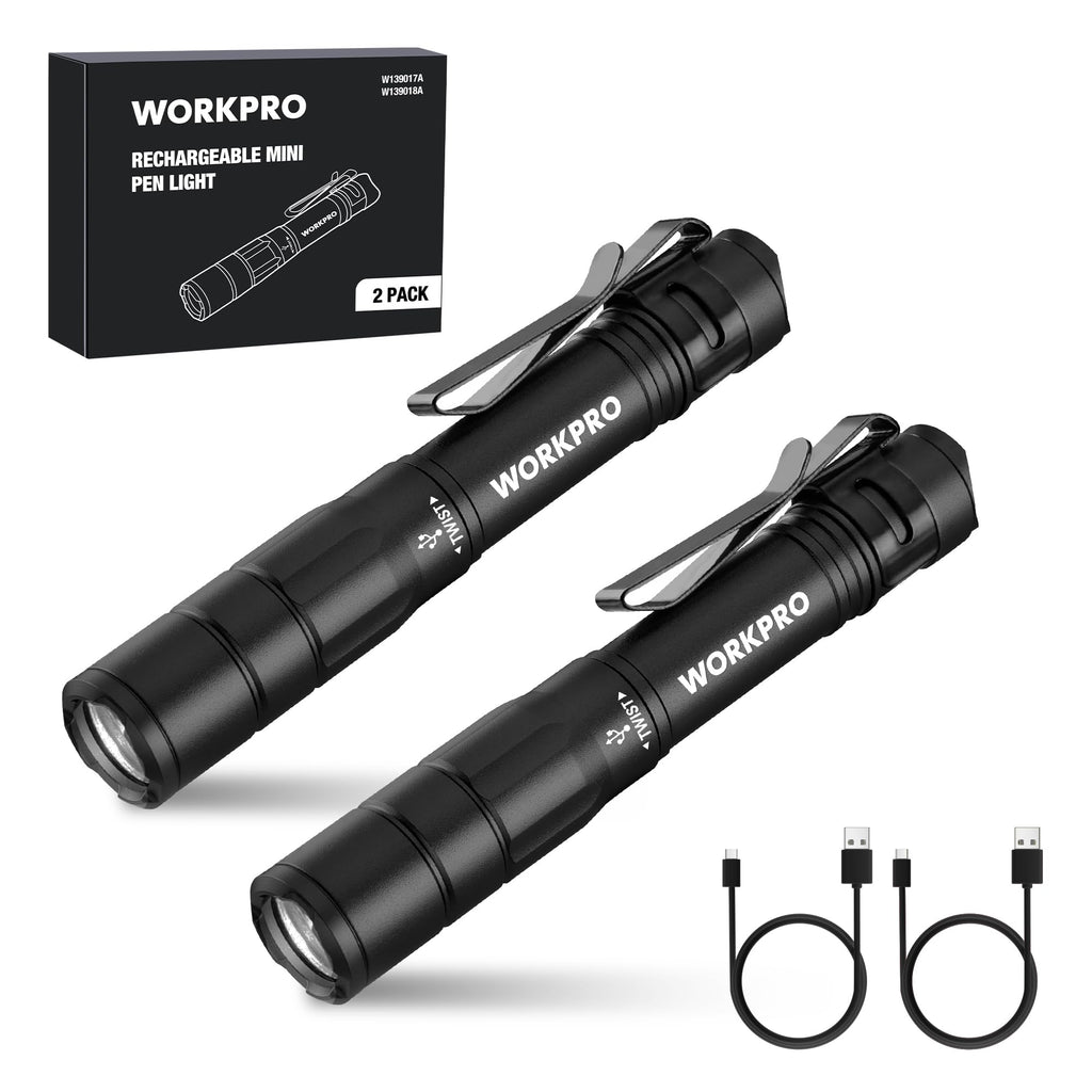 WORKPRO Rechargeable Pen Light Duo Pack – Ultra-Compact 300 Lumen LED Flashlight with USB-C, Clip & Memory