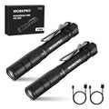 WORKPRO Rechargeable Pen Light Duo Pack – Ultra-Compact 300 Lumen LED Flashlight with USB-C, Clip & Memory