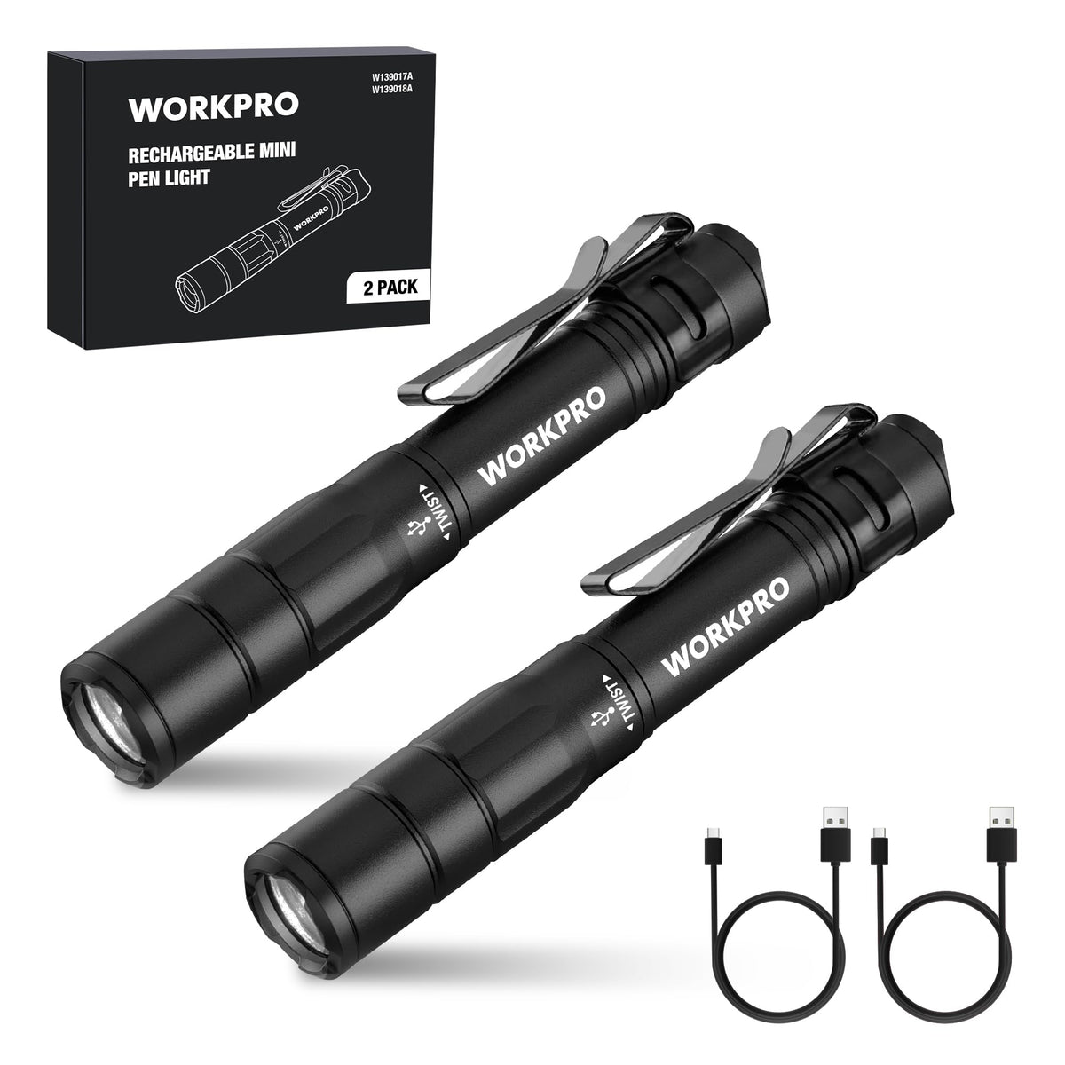 WORKPRO Rechargeable Pen Light Duo Pack – Ultra-Compact 300 Lumen LED Flashlight with USB-C, Clip & Memory
