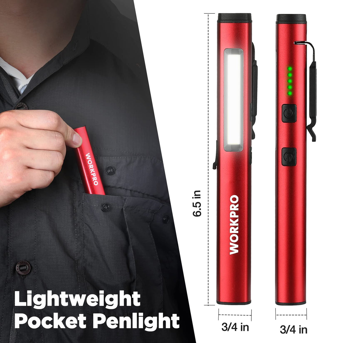 WORKPRO Rechargeable Pen Light | 450 Lumen LED + 365nm UV Black Light