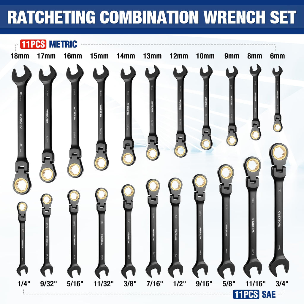 WORKPRO 22-Piece Ratcheting Wrench Set with 180° Pivot Head & Anti-Slip Teeth